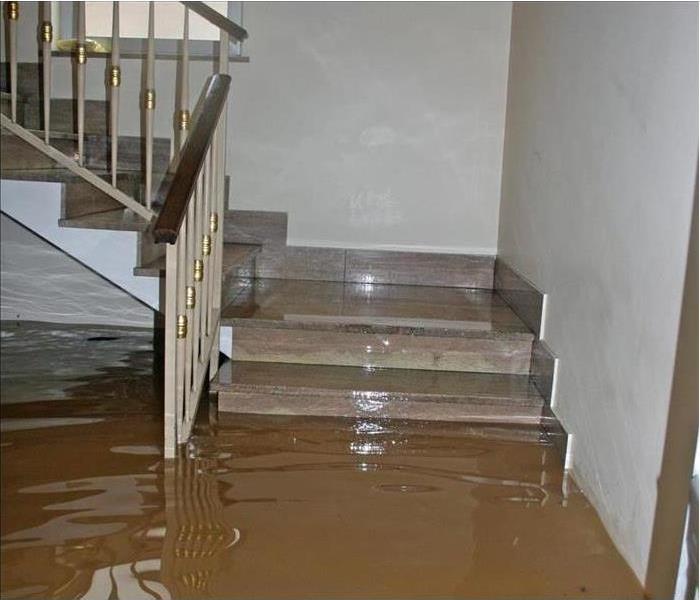 Black water on a staircase in a house.